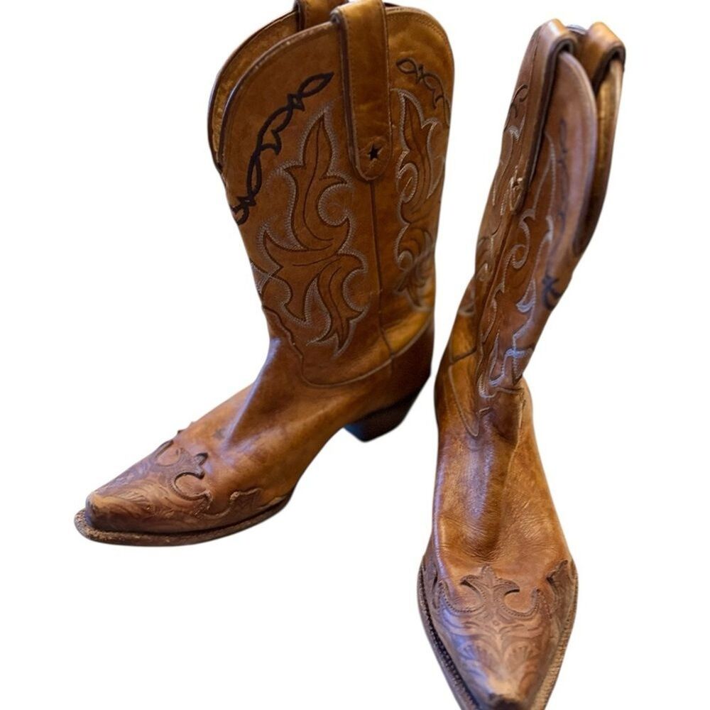 Tony Lama Brown Western Boots with Intricate Stitching